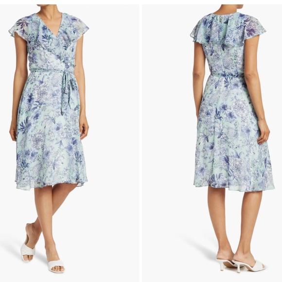 TOMMY HILFIGER Green Blue Floral Flutter Capelet Sleeve Midi Dress Size 18W - Picture 4 of 16